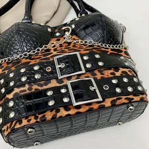 Y2K punk style leopard print shoulder bag, cool rivet chain handbag for women.