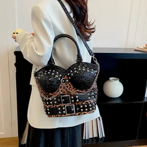 Women Y2K Leopard Print Shoulder Bag Retro Punk Corset Handbag Large Capacity Crossbody