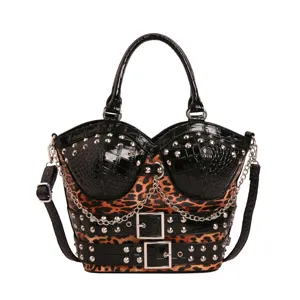 Y2K Punk Leopard Print Handbag Retro Rivet Chain Shoulder Bag Hot Girl Crossbody Bag