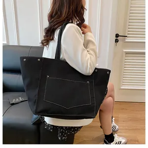 Minimalist casual women canvas tote shoulder bag large capacity black handbag daily use