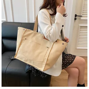 Large capacity canvas tote bag for women, stylish casual shoulder handbag, beige.