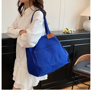 Simple casual women canvas tote shoulder bag large capacity handbag retro fashion blue bag detail