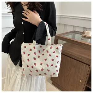 Corduroy aardbei print shopper tas schattige casual schoudertas grote capaciteit tas