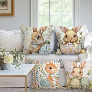 Lot de 4 housses de coussin mignonnes lapin fleurs, décor parfait pour canapé.