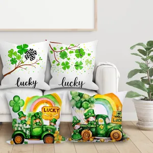 Fundas de cojín decorativas para el Día de San Patricio con tréboles de la suerte y duendes.