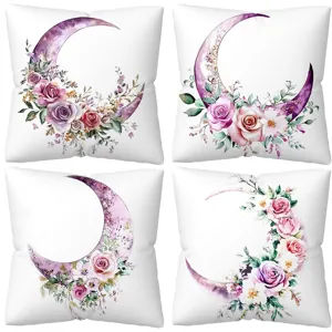 Purple moon floral peach skin velvet throw pillow cover for sofa decor set of 4 pieces
