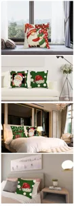 Detailed view of Christmas cushion cover with Santa and gnome prints in home settings.