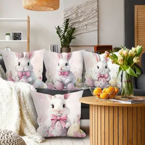 Housse de Coussin Décorative en Velours Peau de Pêche Lapin de Pâques et Œuf pour Salon Canapé Décoration Intérieure