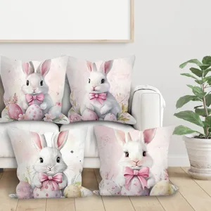 Lot de 4 housses de coussin lapin de Pâques avec nœud rose aquarelle et œufs pour canapé déco salon.