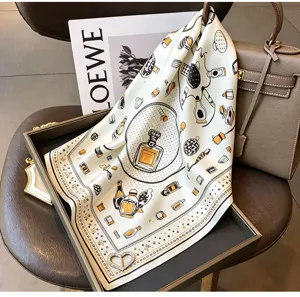 Luxury 100% silk square scarf with elegant perfume bottle print, soft and stylish neckerchief.