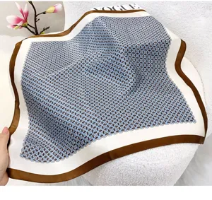 Mulberry silk 53cm square scarf, elegant blue geometric print with stylish brown border.