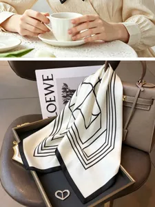 Elegant 100% mulberry silk square scarf, 68cm geometric print neckerchief for women.