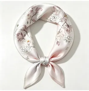 100% mulberry silk small square scarf with elegant floral print, stylish neckerchief for women.