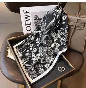 100% mulberry silk square scarf with black and white floral illustration for women elegance.