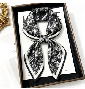 Luxury 100% mulberry silk square scarf 68cm black white floral print elegant women neck scarf