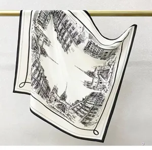 Silk square scarf 65cm featuring elegant black and white architectural print for women.