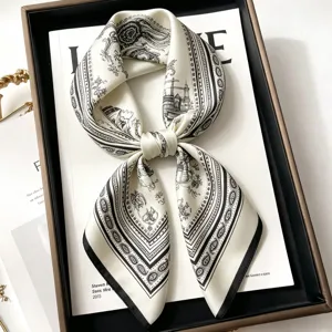New 100% mulberry silk 68cm square scarf with artistic black and white illustration print for women.