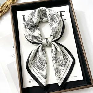 Silk square scarf with black and white illustration print, elegant neckerchief for women.