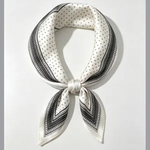 100% mulberry silk square scarf for women, elegant black and white geometric pattern neck scarf.