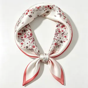 Silk small square scarf with red floral and butterfly print, elegant neckerchief style detail.
