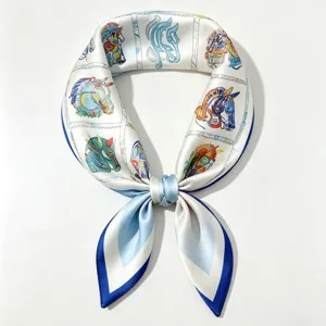 Luxury silk square scarf with elegant horse stamp prints and blue border for women chic styling.