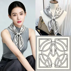 Mulberry Silk Square Scarf For Women Vintage Geometric Print Fashion Neck Scarf Elegant Head Scarf Gift