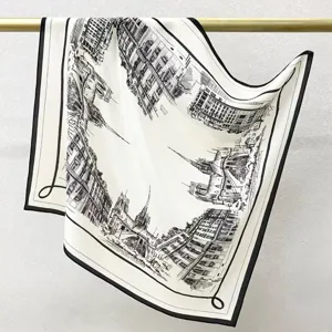Silk square scarf 65cm black and white architectural sketch print luxury elegant wrap for women