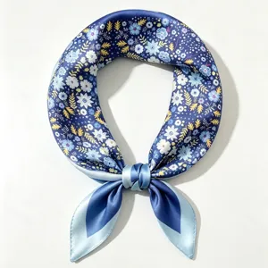 Closeup view of a 100% mulberry silk 53cm floral square scarf, elegant neckerchief for women.