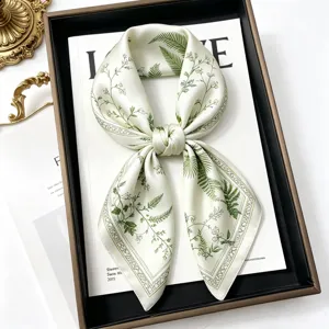 100% mulberry silk square scarf with elegant green botanical illustration print for women.