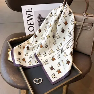 Luxury 68cm silk square scarf with charming cartoon animal print and elegant purple border.