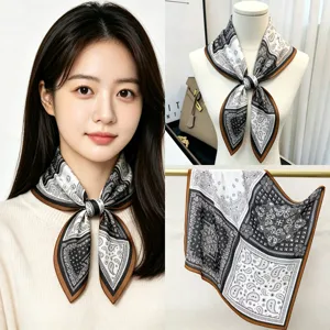 Mulberry silk 65cm square scarf with classic black and white paisley print for women elegant daily wear.