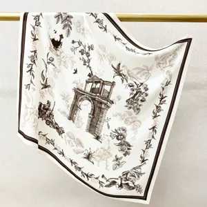 Luxury 65cm silk square scarf with vintage toile de jouy print, elegant old money style.