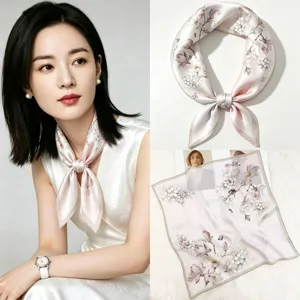 Silk small square scarf with pink floral print, elegant women neckerchief accessory.