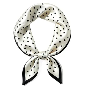 Elegant 100% silk small square scarf with classic black and white polka dots for women.