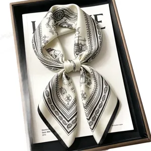 Elegant 100% silk square scarf with black and white artistic illustration print for women.