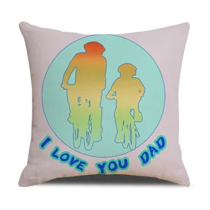 Father's Day theme printed cushion cover front view showcasing dad and child cycling design.