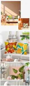 Funda de cojín de lino con estampado de hojas y frutas de verano para sofá sin relleno