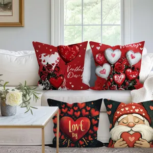 Valentine's Day throw pillow covers set with cute hearts, roses, and gnome designs for home sofa.