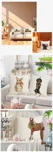 Detailed view of Christmas dog and horse linen pillow covers with festive holiday prints.