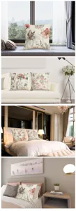 Detailed lifestyle scene showcasing floral linen cushion covers placed in stylish home interiors.
