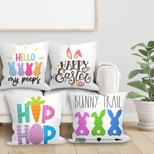 Housse de Coussin en Velours Peau de Pêche Imprimé Lettres Lapin de Pâques Housse de Coussin Carrée Décorative pour Canapé Salon