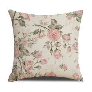 Vintage pink rose floral throw pillow cover, Nordic linen cushion case for sofa home decor.
