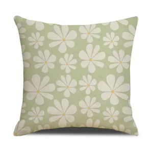 Funda de cojín con margaritas flores retro, funda de almohada de lino verde minimalista