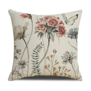 Nordic floral linen throw pillow cover vintage botanical butterfly cushion case for sofa home decor