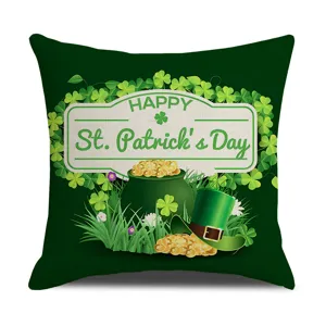 St. Patrick's Day green clover square linen throw pillow cover for home sofa decor.