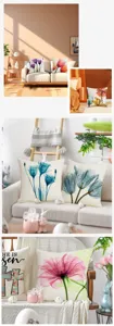 Linen decorative pillow covers with artistic floral prints for living room sofa home decor.