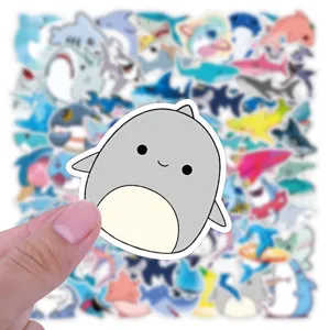 Cute cartoon shark stickers waterproof vinyl decals for luggage, phone, and laptop decoration.