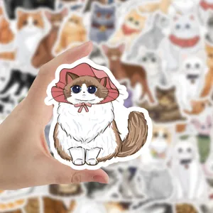 Cute cartoon hand-painted cat stickers, waterproof vinyl decal for laptop and skateboard decor.