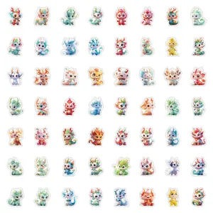 Detail view of cute cartoon dragon stickers assortment, waterproof decorative vinyl decals.
