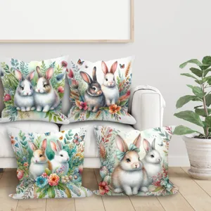Housse de Coussin Floral Lapin de Pâques Taie d'Oreiller Décorative Peau de Pêche Mignon Lapin Housse de Coussin pour Canapé Maison
